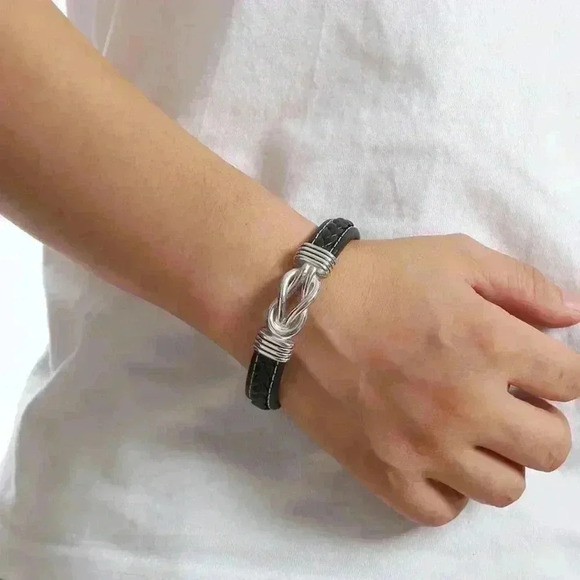 Mens Black Leather Braided Stainless Steel Bracelet - Picture 4 of 4